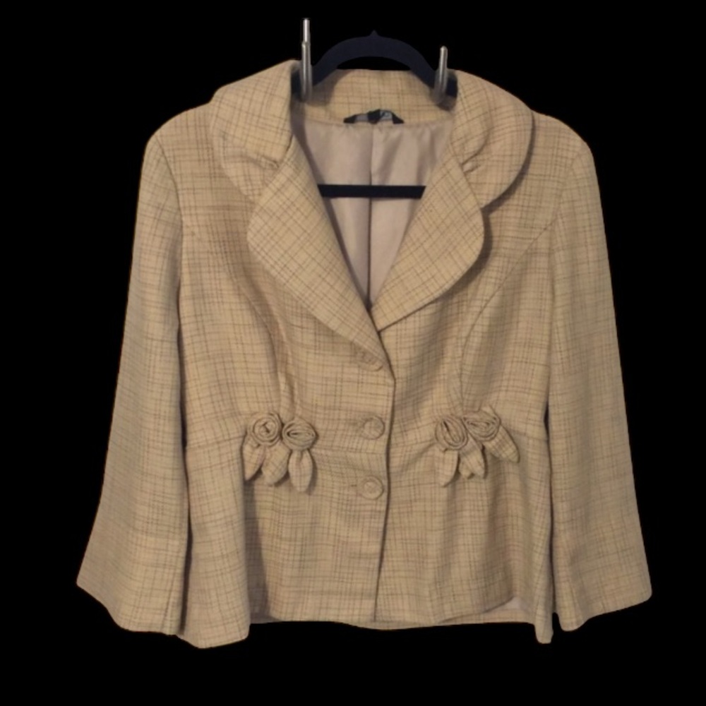 Zinc Woman’s Plaid Cropped Lined Rosette Golden Yellow Blazer Embellished XL
